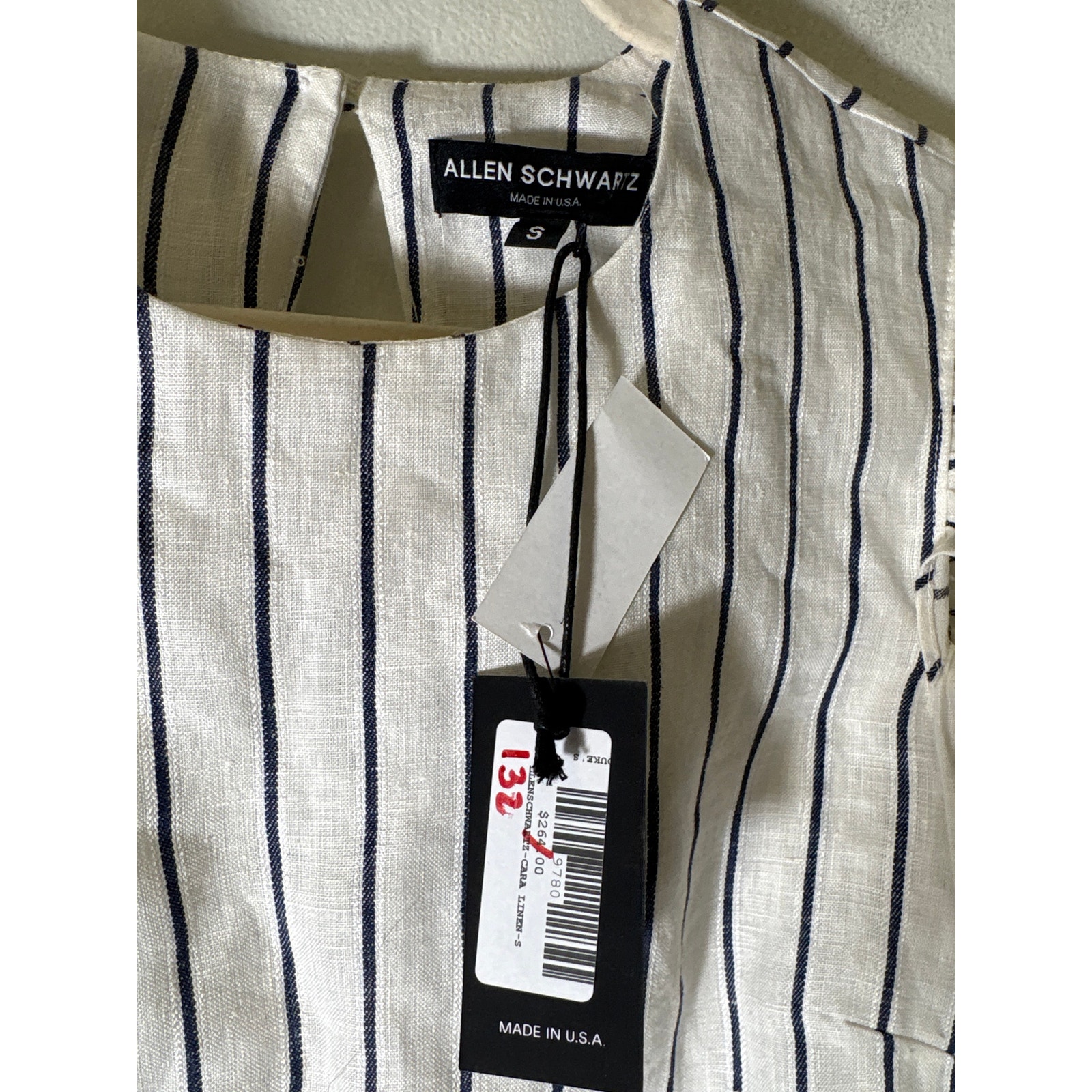 Nwt Allen Schwartz White Navy Stripe Long Sleeve Linen Cold Shoulder Sz S — image 3 of 4